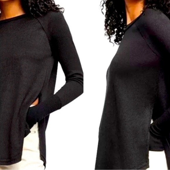 FREE PEOPLE Snowy Black Thermal Waffle-knit Oversized Long Sleeve Top EUC - Picture 7 of 7